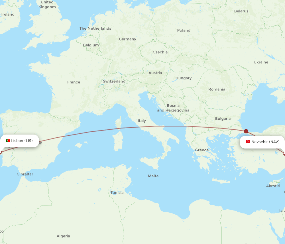 Lisbon - Nevsehir route map and flight paths