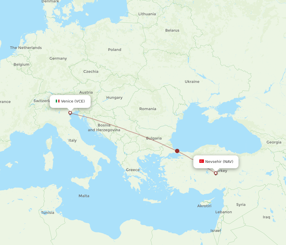 Venice - Nevsehir route map and flight paths