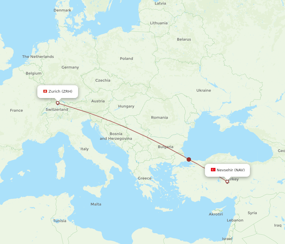 Zurich - Nevsehir route map and flight paths
