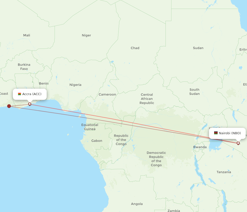 Accra - Nairobi route map and flight paths