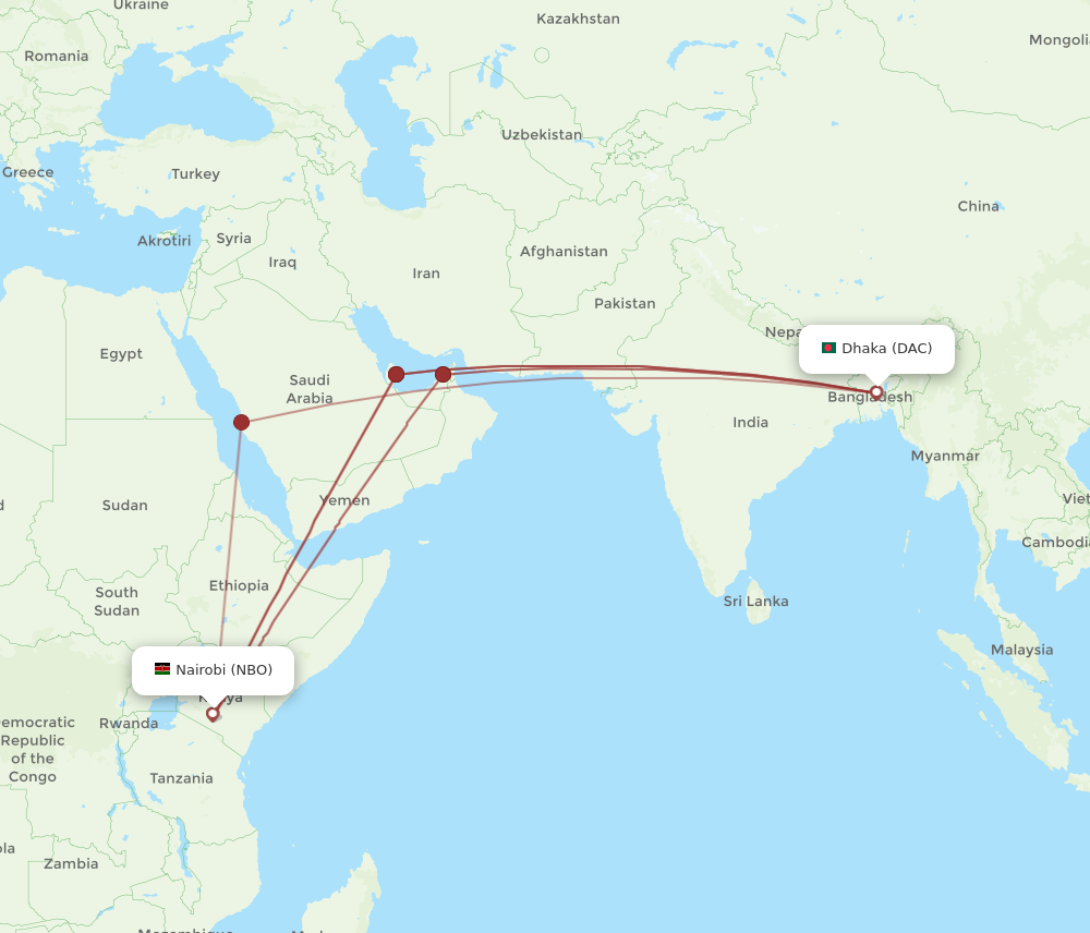 NBO to DAC flights and routes map