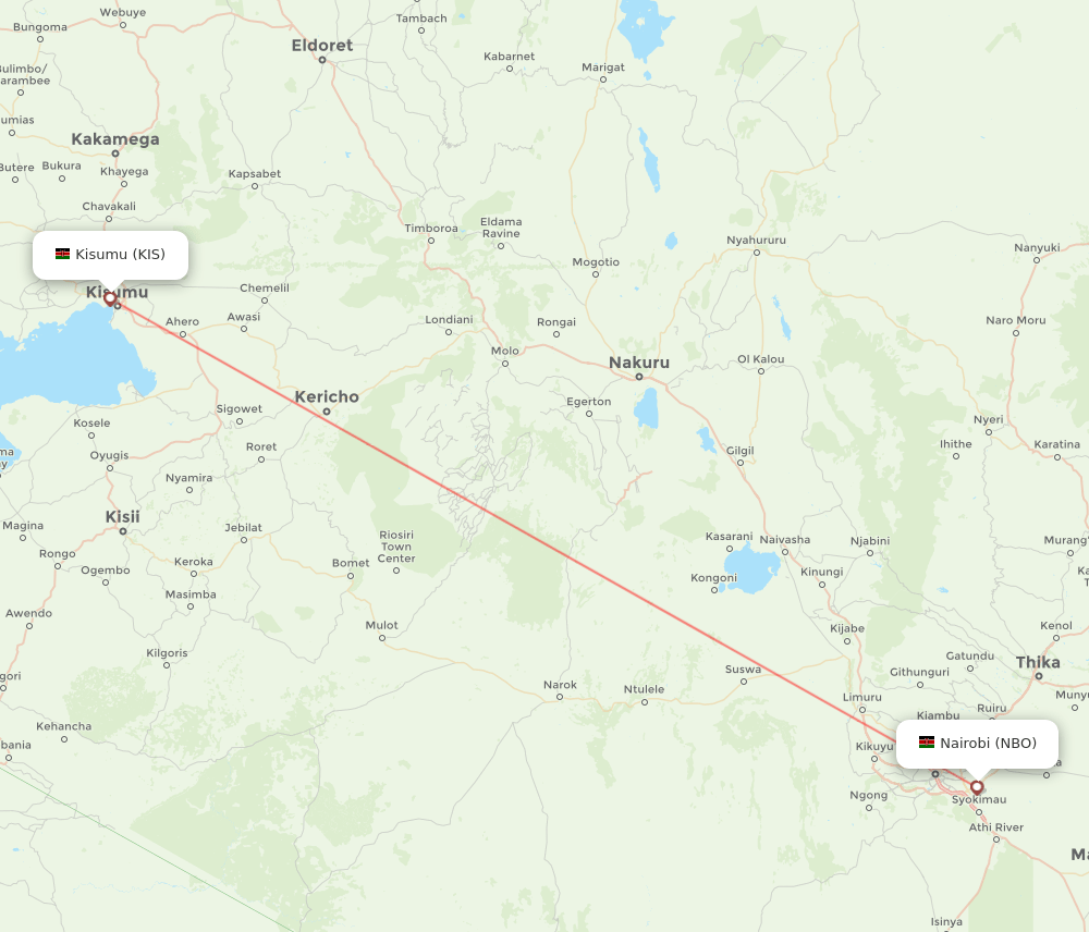 Nairobi - Kisumu route map and flight paths