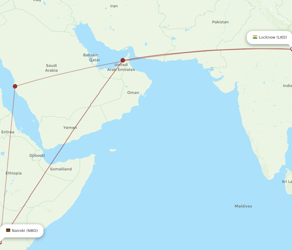 Lucknow - Nairobi route map and flight paths