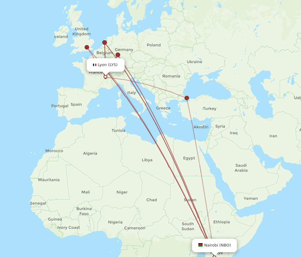 NBO to LYS flights and routes map