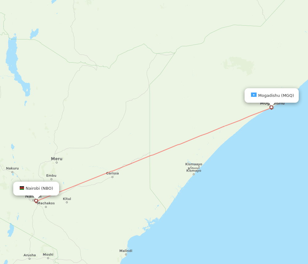 Nairobi - Mogadishu route map and flight paths