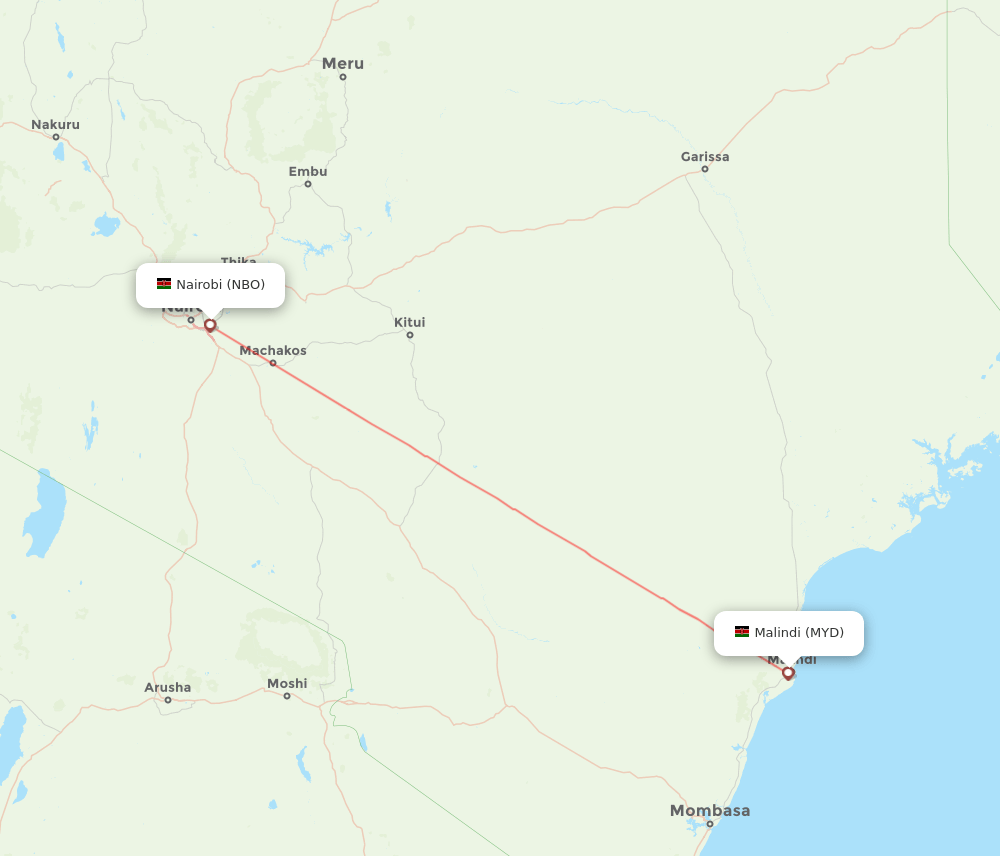 NBO to MYD flights and routes map