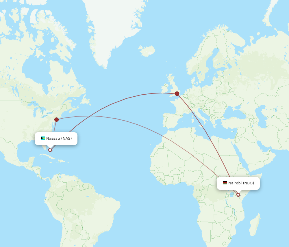 Nassau - Nairobi route map and flight paths