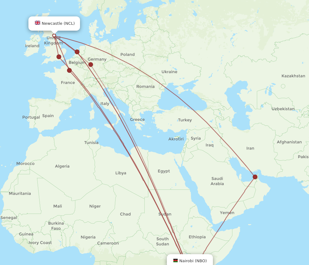 NBO to NCL flights and routes map
