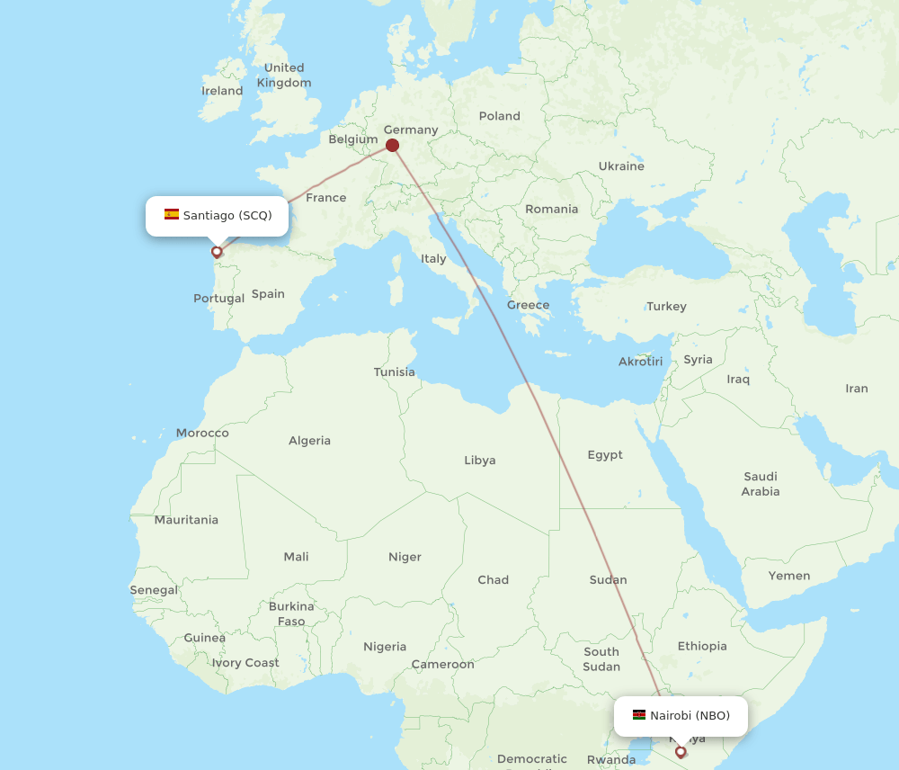 Santiago De Compostela - Nairobi route map and flight paths