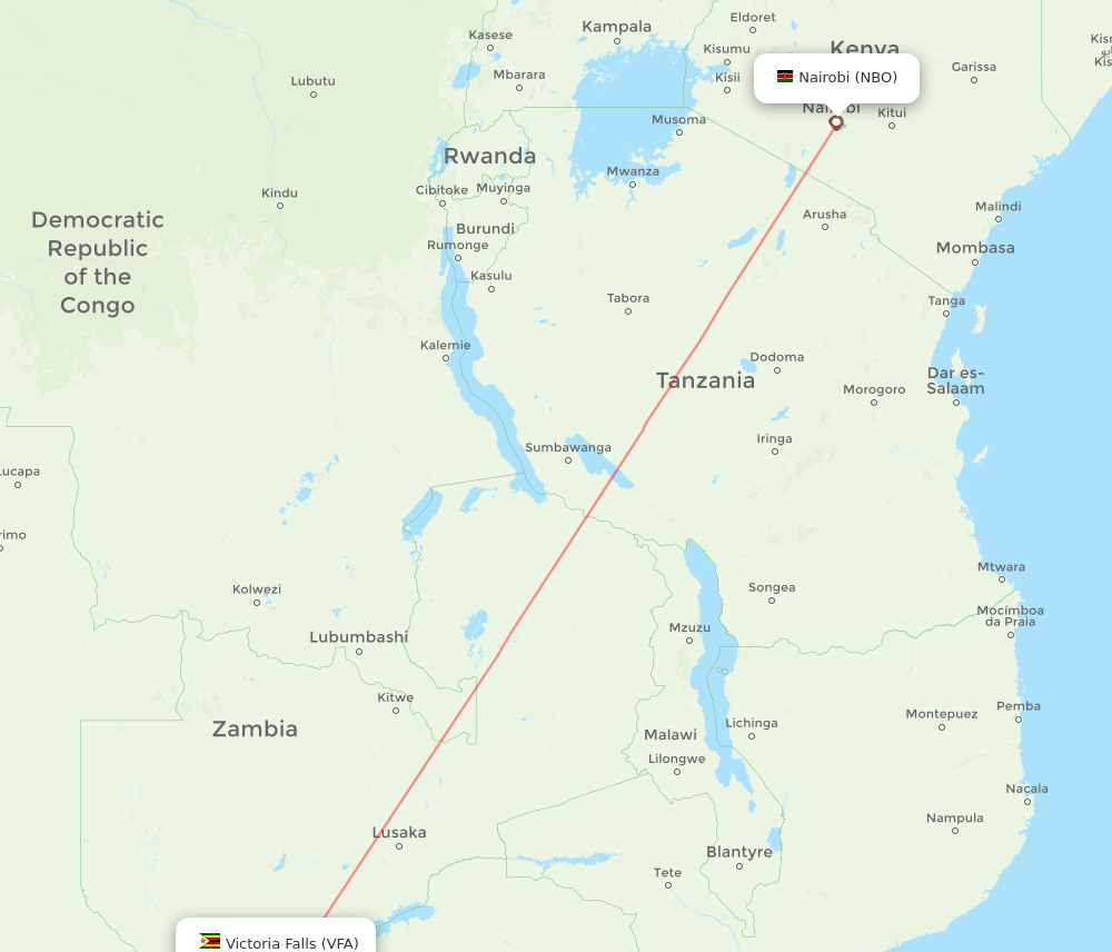 Nairobi - Victoria Falls route map and flight paths
