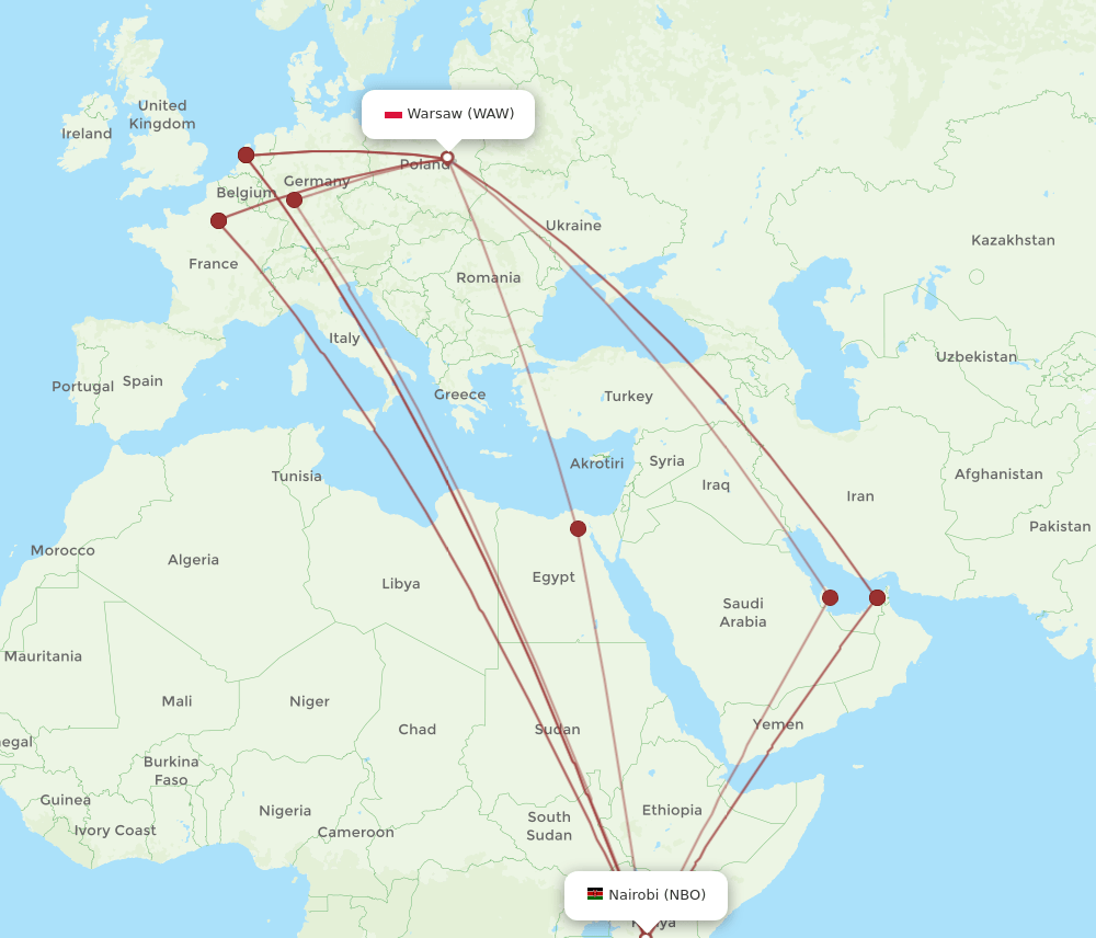 NBO-WAW flight routes
