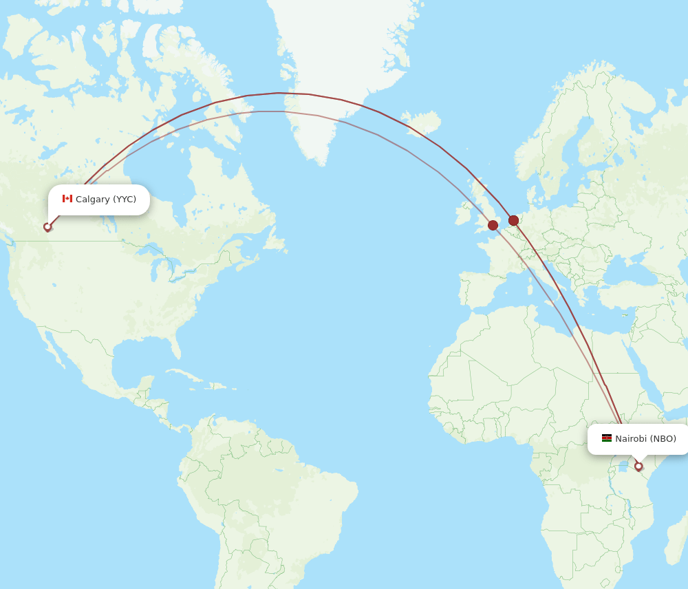 YYC to NBO flights and routes map