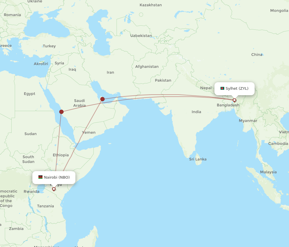Sylhet - Nairobi route map and flight paths