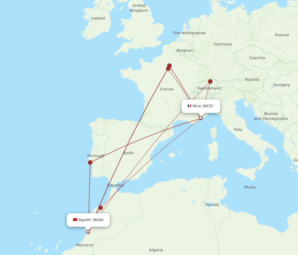 NCE to AGA flights and routes map