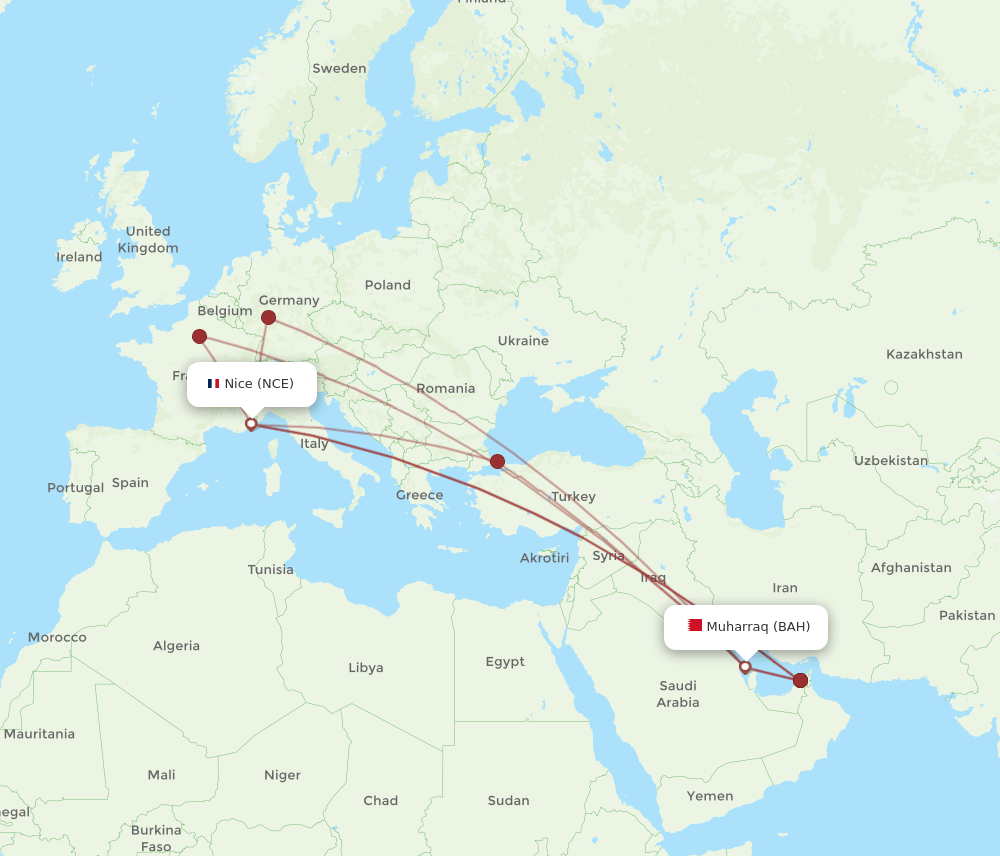 NCE to BAH flights and routes map
