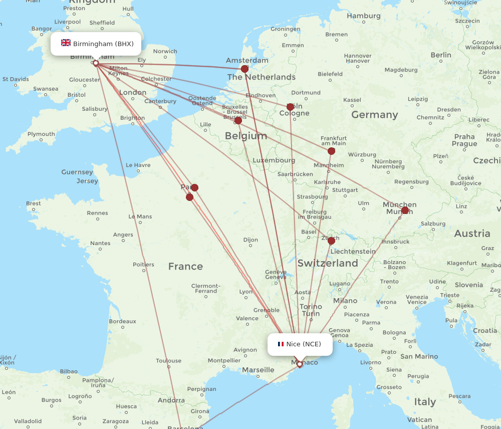 NCE to BHX flights and routes map