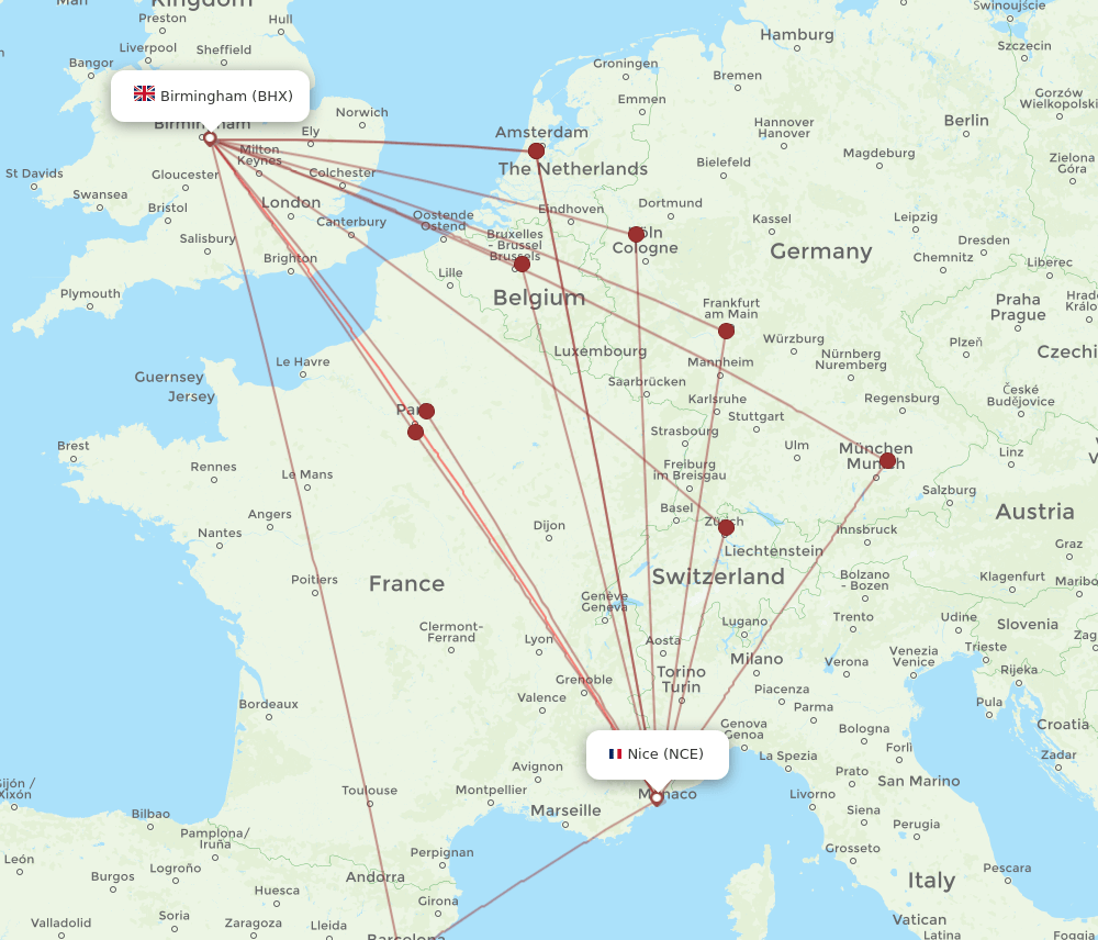 NCE-BHX flight routes