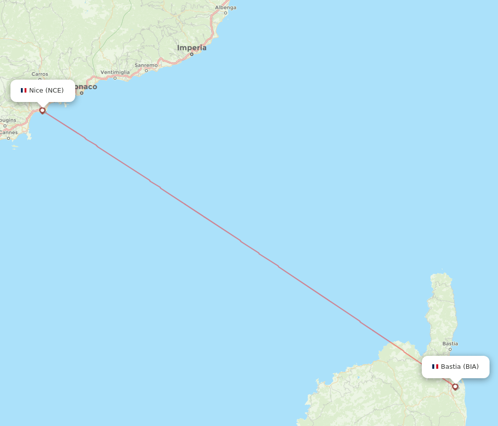 Nice - Bastia route map and flight paths