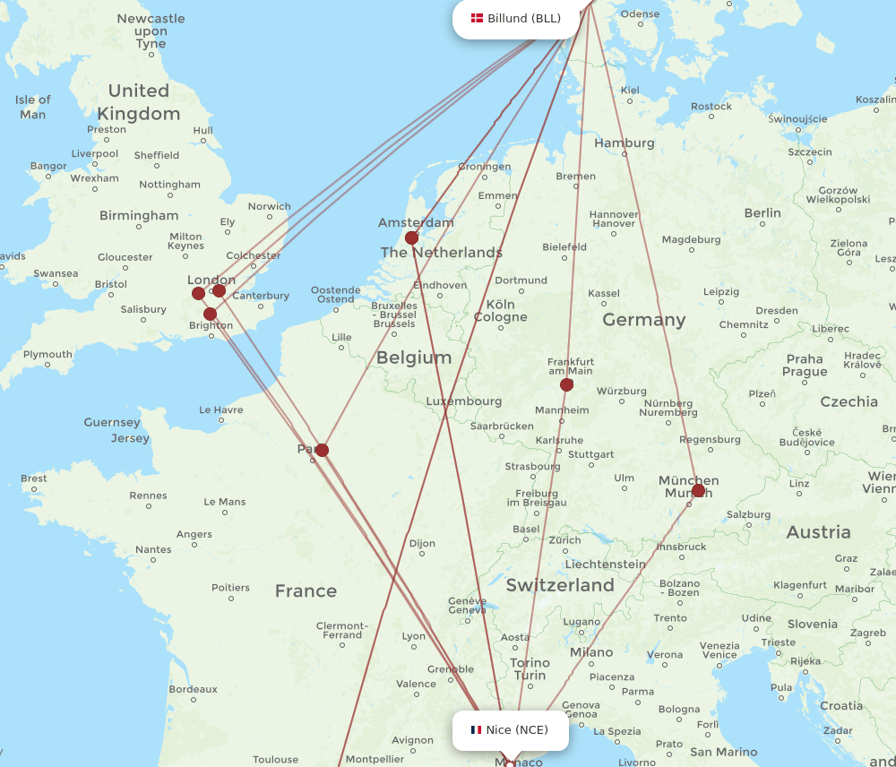 NCE-BLL flight routes