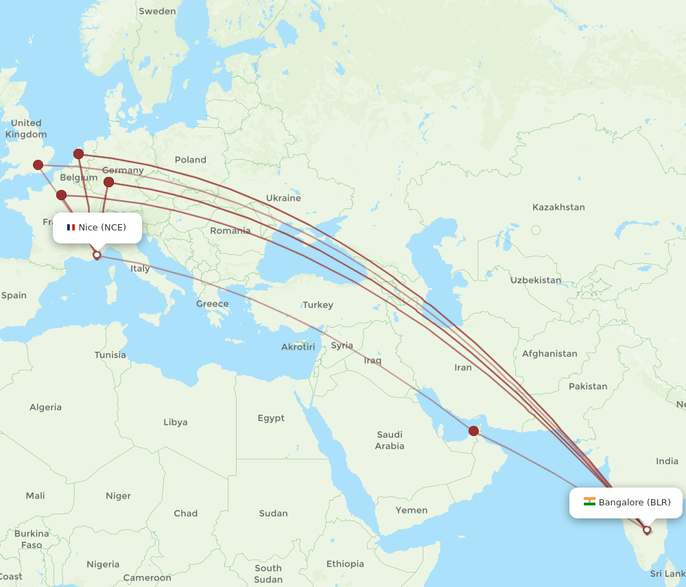NCE-BLR flight routes