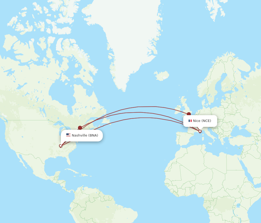 NCE to BNA flights and routes map