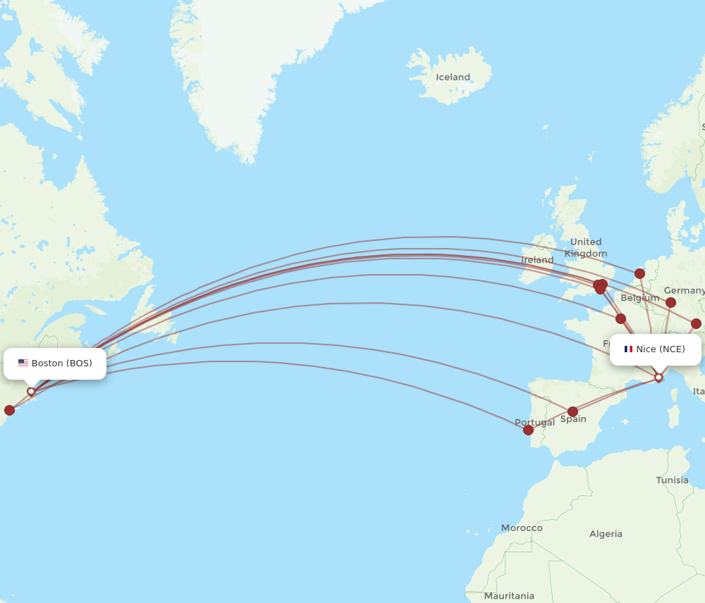 NCE to BOS flights and routes map