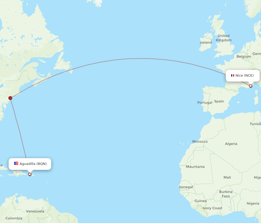 NCE to BQN flights and routes map