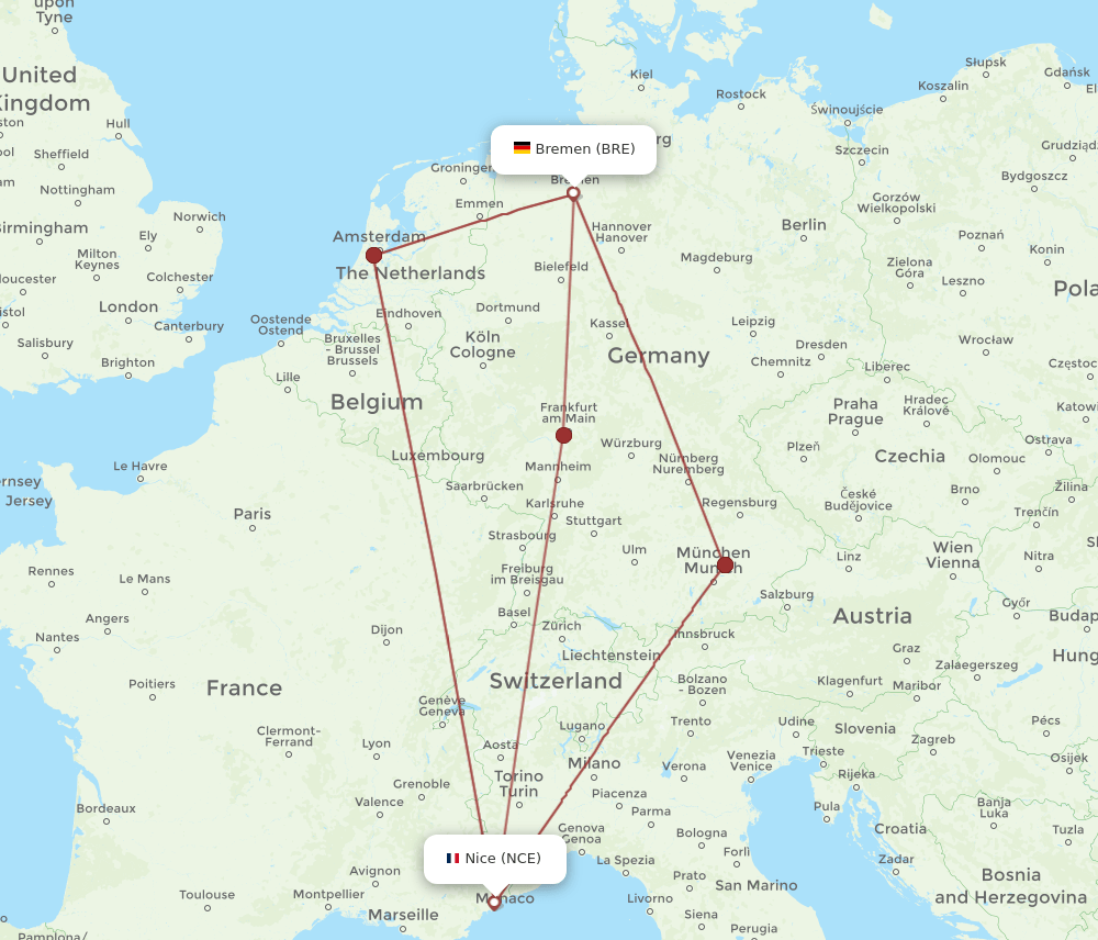 NCE-BRE flight routes