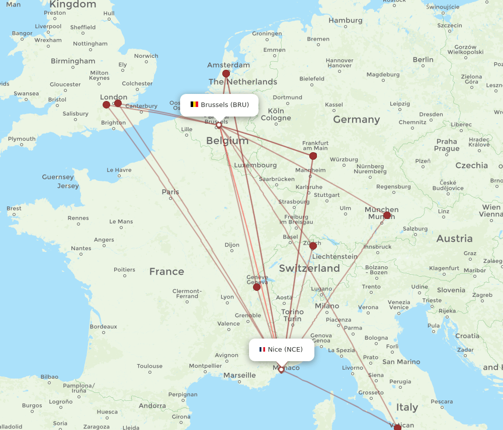 NCE-BRU flight routes