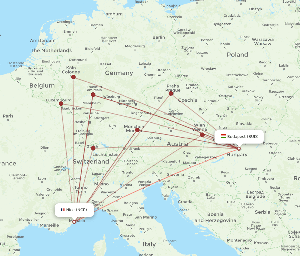 NCE-BUD flight routes