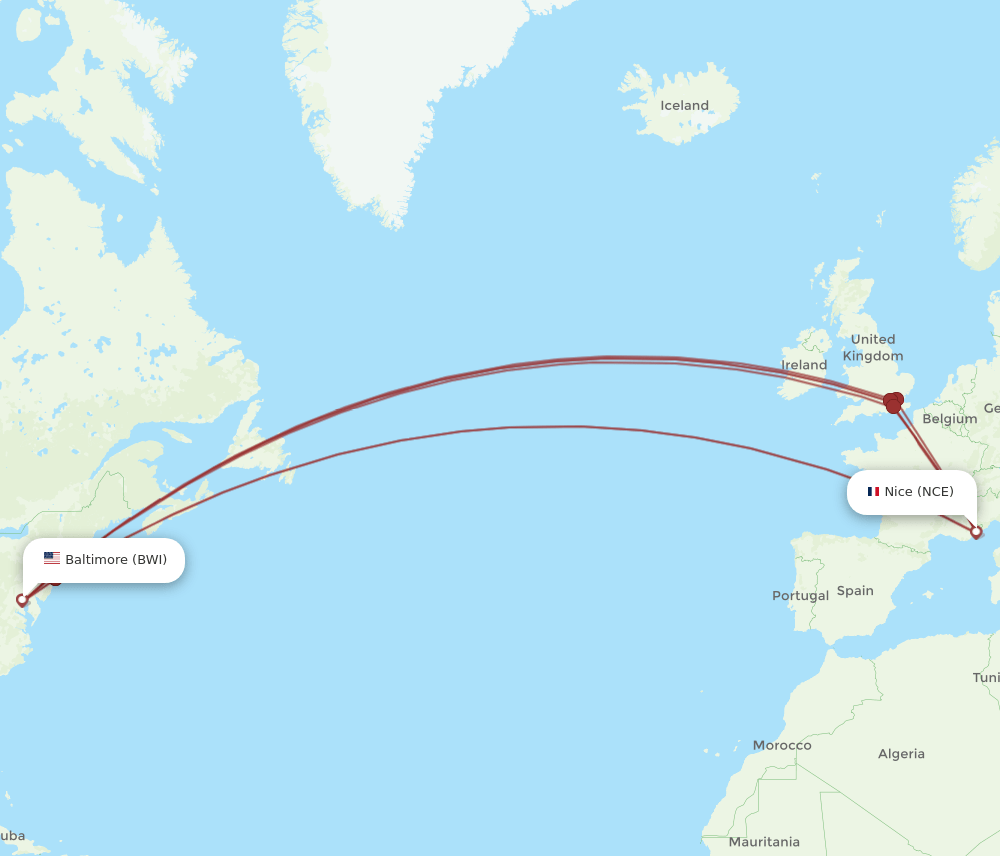 NCE to BWI flights and routes map