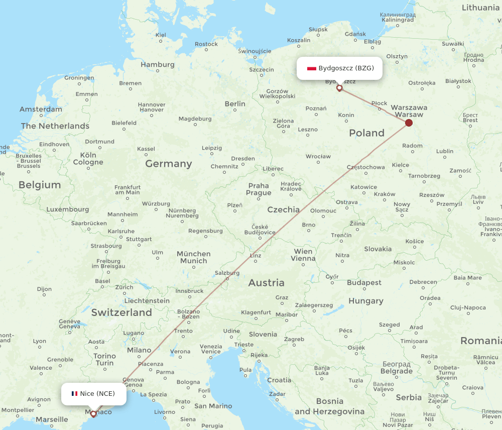 NCE-BZG flight routes