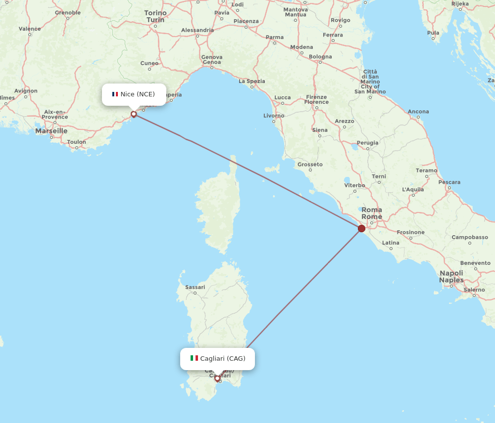 Nice - Cagliari route map and flight paths