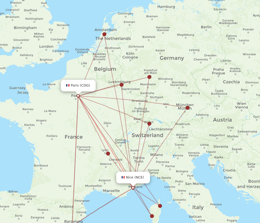 NCE to CDG flights and routes map