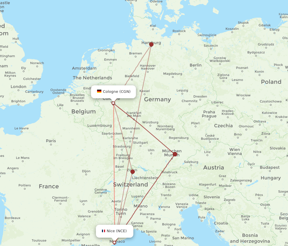 NCE to CGN flights and routes map