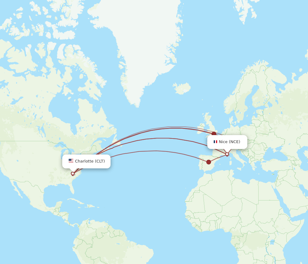 NCE to CLT flights and routes map