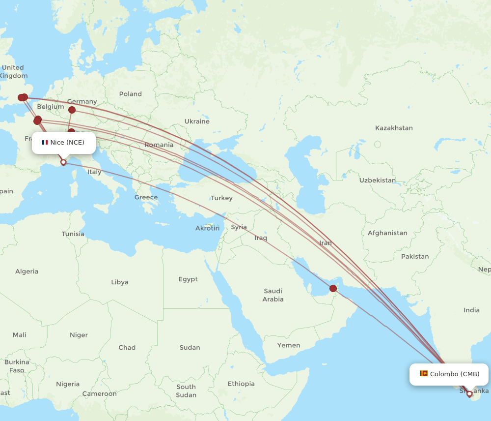 NCE to CMB flights and routes map