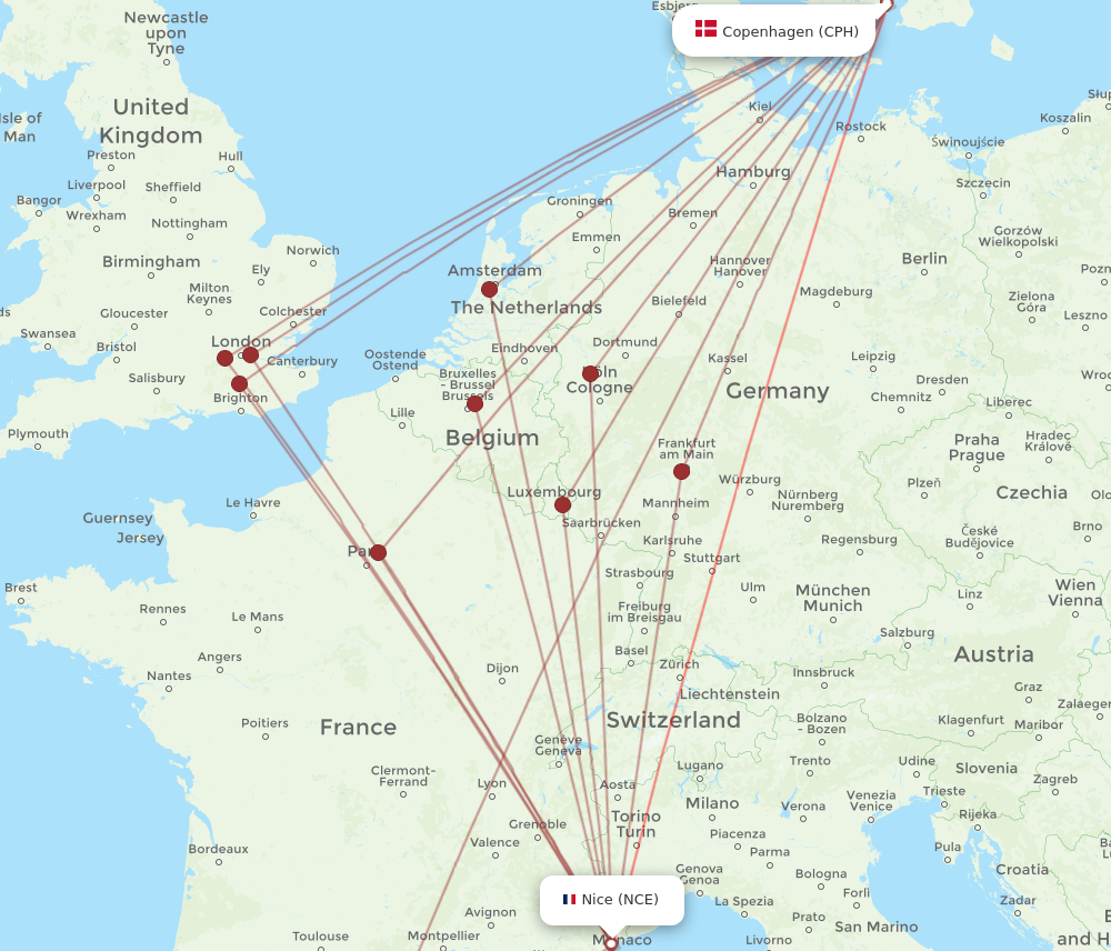 NCE to CPH flights and routes map