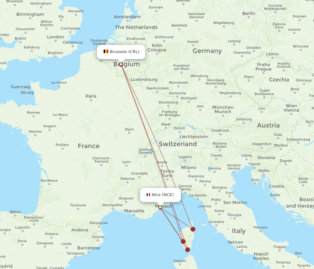 NCE-CRL flight routes