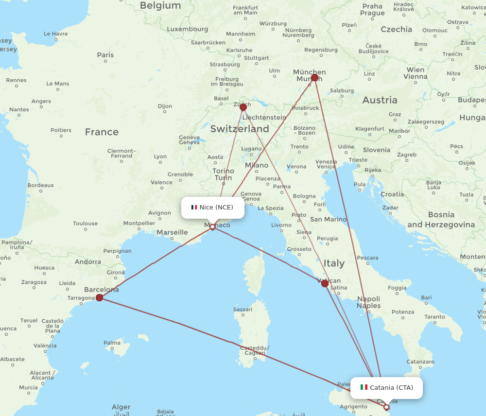 NCE to CTA flights and routes map