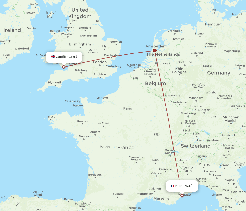 NCE-CWL flight routes