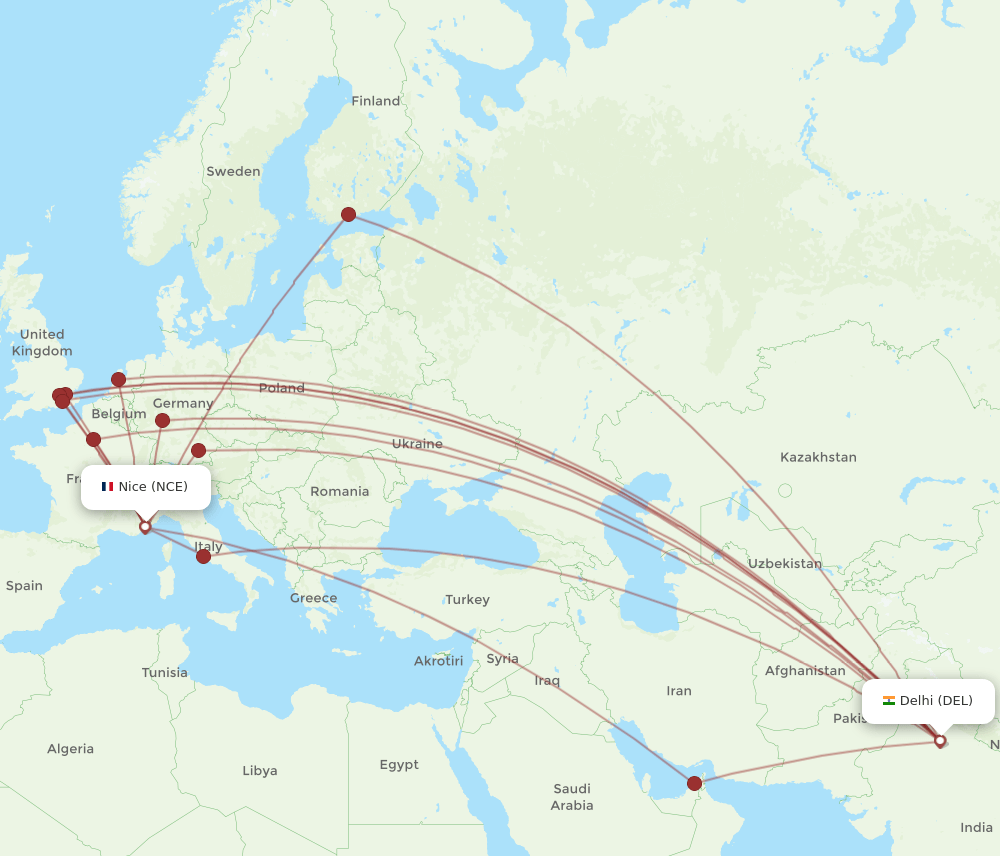 NCE to DEL flights and routes map
