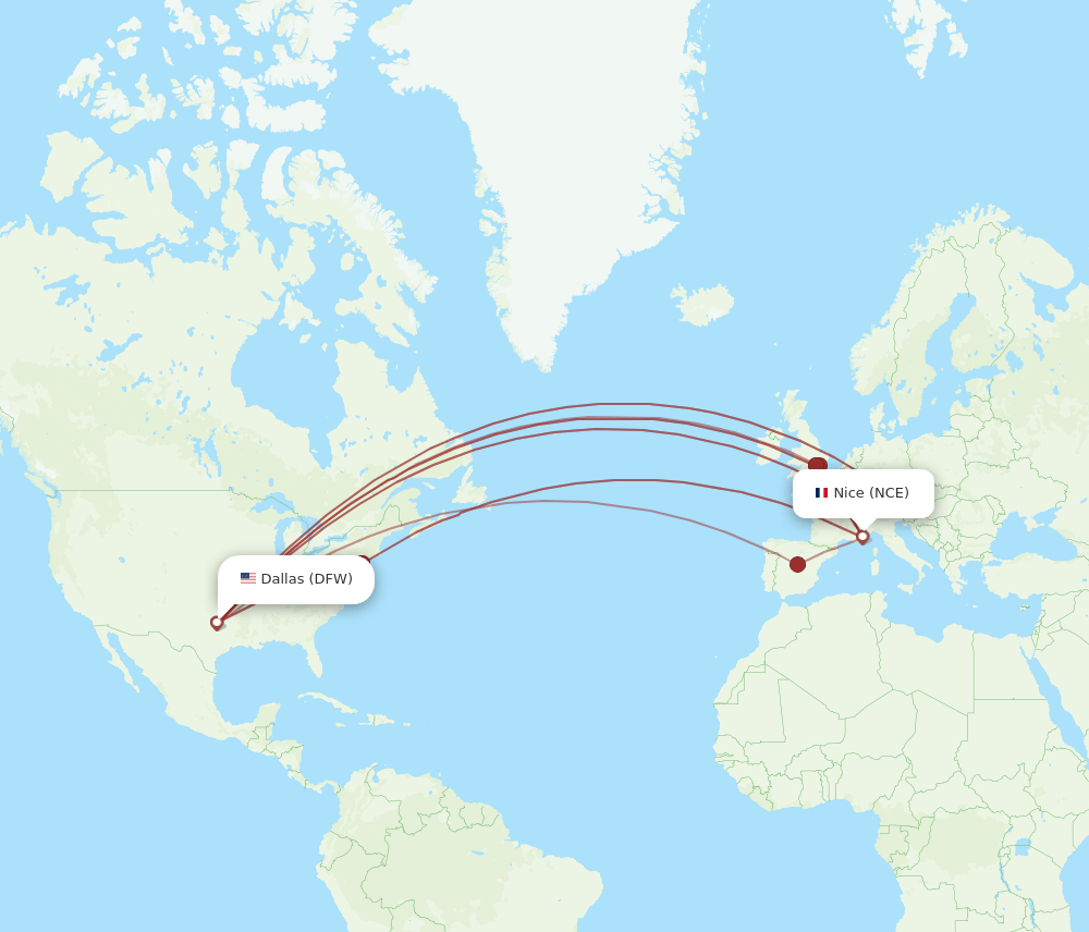 NCE to DFW flights and routes map