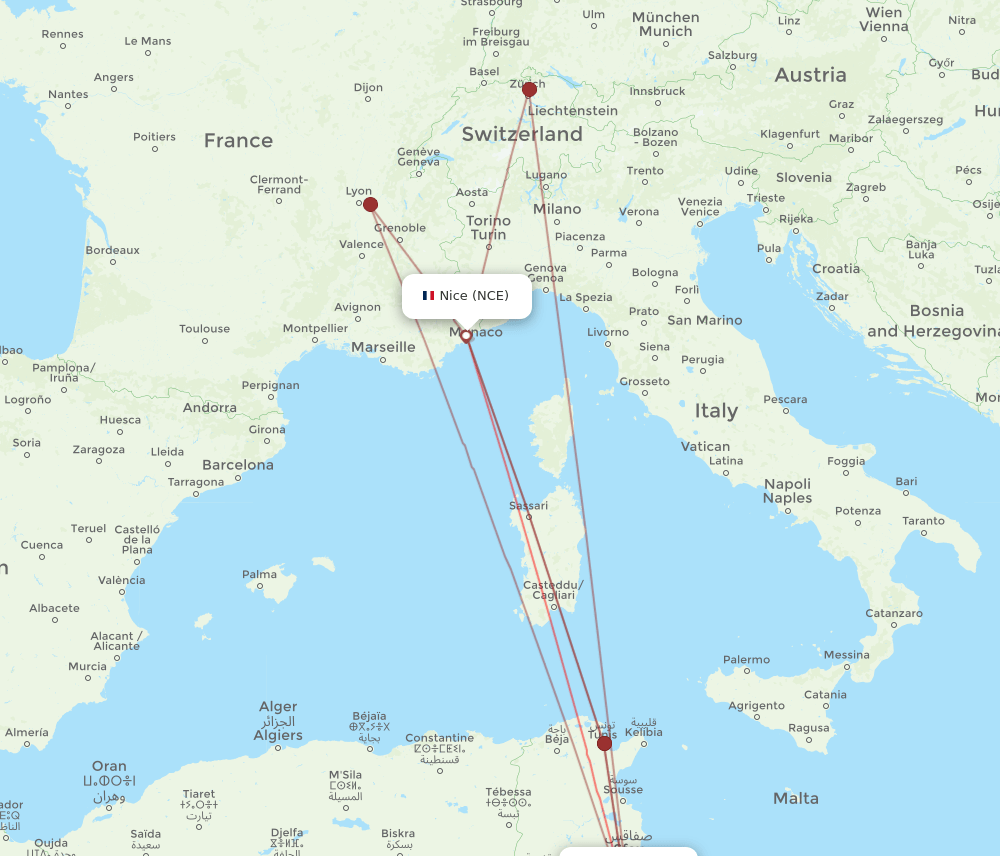 NCE to DJE flights and routes map