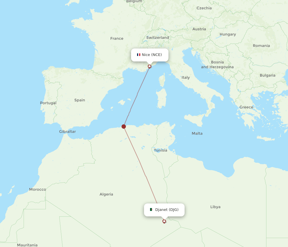 NCE to DJG flights and routes map