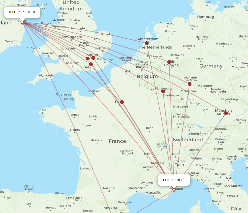 NCE to DUB flights and routes map