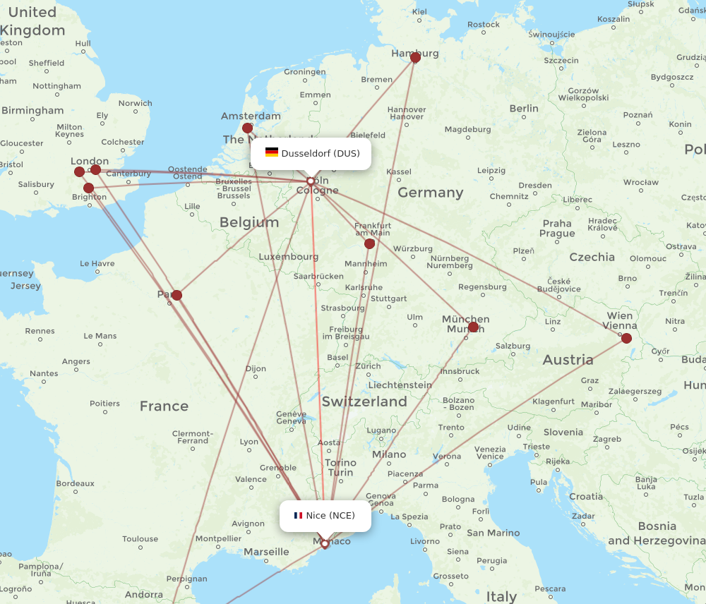 NCE to DUS flights and routes map