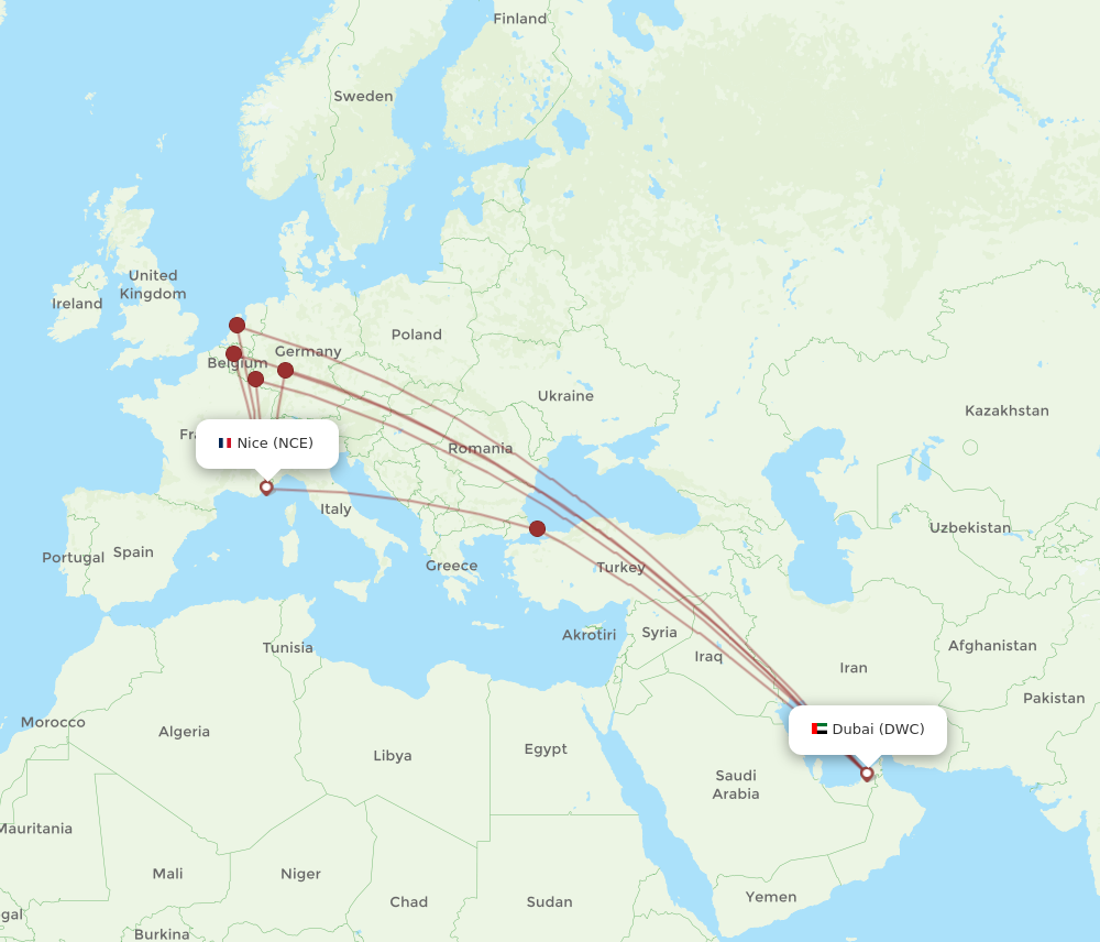 NCE to DWC flights and routes map