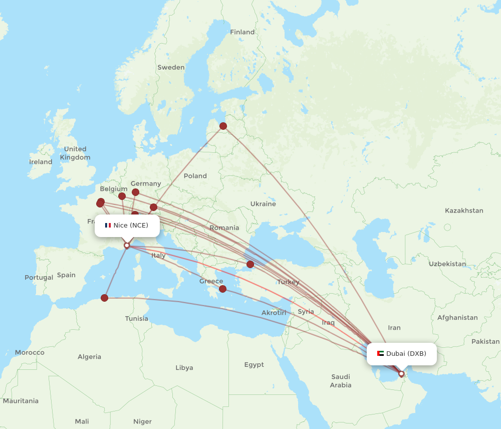 NCE to DXB flights and routes map