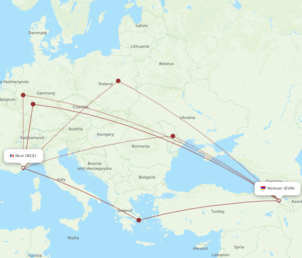 NCE to EVN flights and routes map